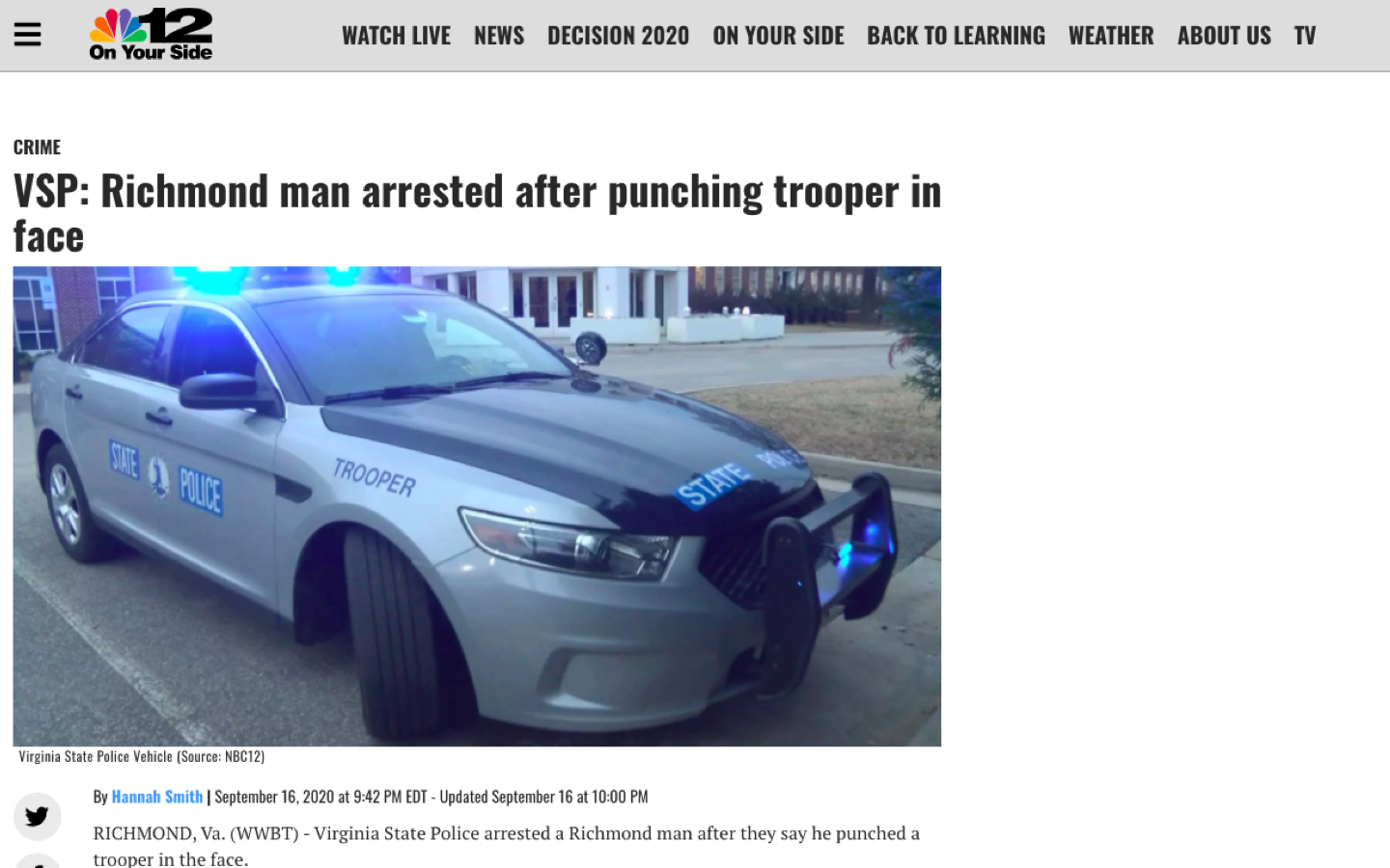 Quick Hit:  Virginia Man Punches State Trooper During Traffic Stop For Cannabis Smell